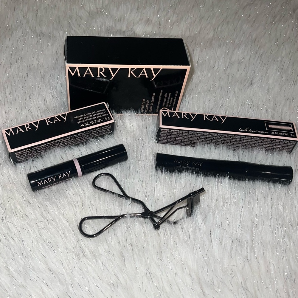 Volumizing brow tint, Lash love mascara and eyelash curler.